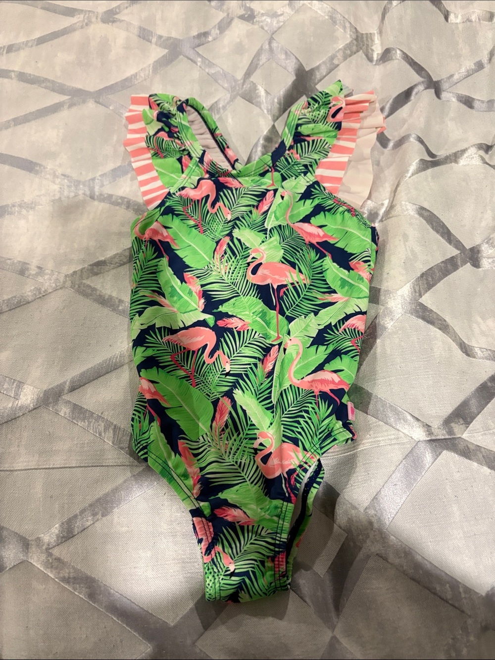 Ruffle Butts Navy One-Piece Swimsuit with Pink Flamingos and Green Palms